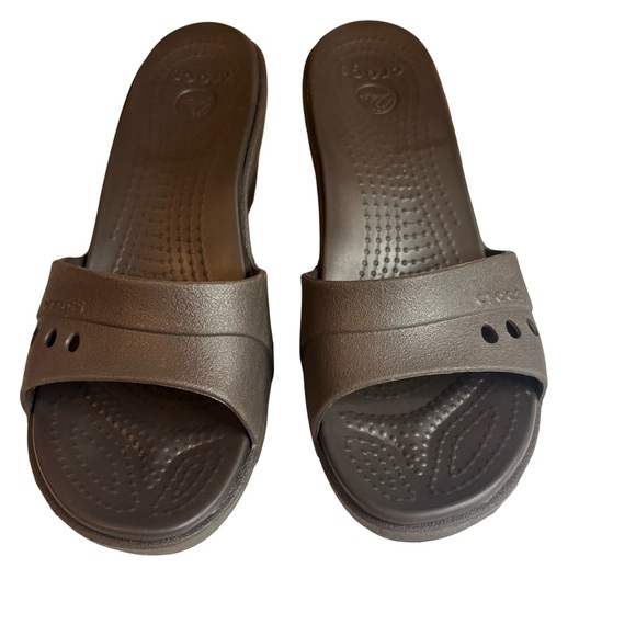 Crocs Kadee Brown Wedge Heel Slide Sandals Ss 8 Women's Open Toe - Picture 2 of 7